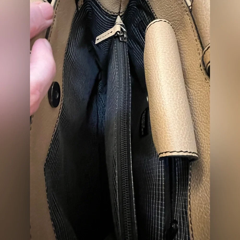 Tan leather tote with acrylic handles by Christine deGennaro